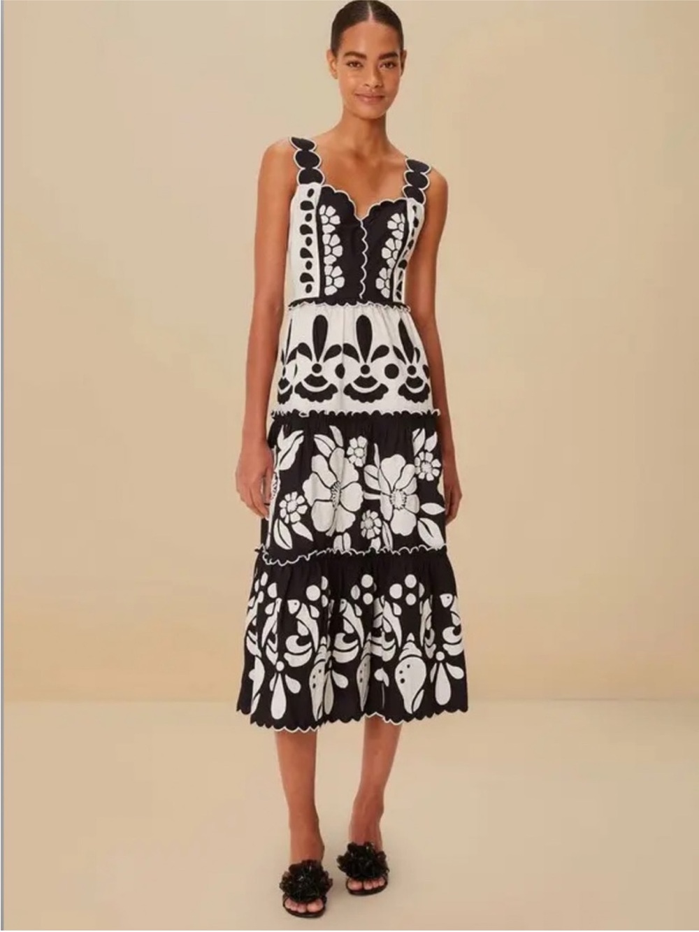 FARM Rio Black and White Floral Cutwork Tiered Midi Dress